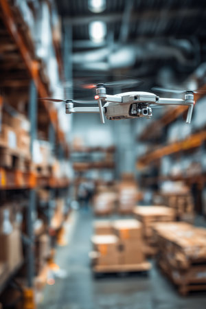 An industrial drone flies over a logistics facility, scanning pallets for efficient inventory tracking. This image captures the integration of technology in modern supply chain management.の素材