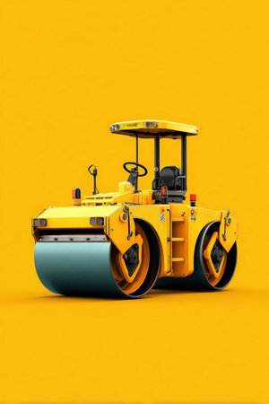 A stylized render of a road roller machine set against a vibrant yellow background, ideal for marketing, editorial, or UX design visuals. Perfect for construction-themed projects.の素材