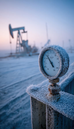 A pressure gauge covered in frost stands in a cold winter oilfield. A pumpjack is visible in the distance under a pale sky, capturing the crisp, technical atmosphere.の素材