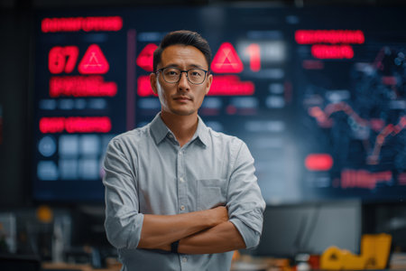 A logistics manager stands in front of a digital dashboard displaying delayed shipments and red warning indicators. The office setting is clean, and the manager appears concerned.の素材
