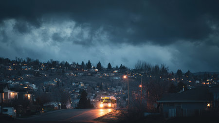 A city bus with glowing headlights climbs a hill at twilight, set against a moody sky. The scene captures urban residential surroundings in a cinematic style.の素材