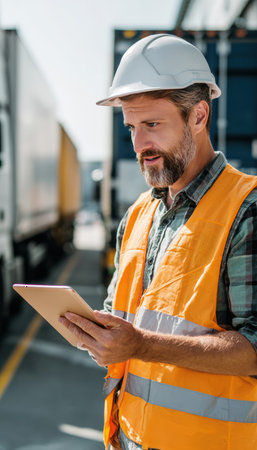 A male planner in a hard hat and safety vest uses a tablet to check live shipment data in an industrial loading zone. Bright daylight enhances visibility and clarity.の素材