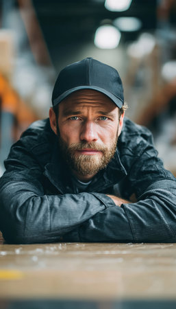 Portrait of a logistics worker leaning forward on a table, showcasing a tired yet determined expression. The subtle warehouse background is softly focused, emphasizing the worker's resolve.の素材