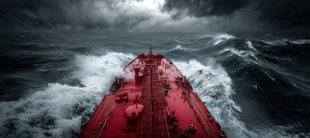A striking image of an oil tanker with a bright red hull navigating through stormy seas. Dark clouds and churning waves create a dramatic, cinematic tension, focusing on the bow.の素材