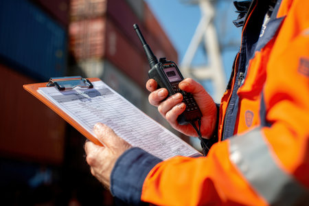 Detailed close-up of a port worker's hands holding a walkie-talkie and clipboard with ship docking schedules. The image captures realistic lighting and sharp focus, highlighting maritime operations.の素材