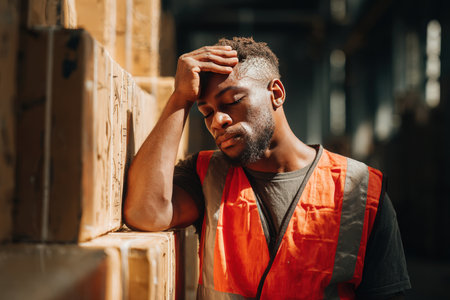 A logistics worker leans on a stack of boxes, wiping sweat from his forehead after a long shift. The industrial warehouse setting and natural lighting highlight his exhaustion.の素材