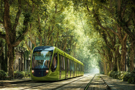 Photorealistic image of an electric tram moving along a tree-lined green corridor in a sunny urban environment, highlighting eco-friendly transportation.の素材