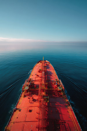 A vibrant red ocean tanker sails through a tranquil deep blue sea, showcasing industrial architecture on deck. The clear sky and calm waters create a peaceful maritime scene.の素材