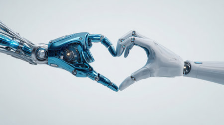 Silver-blue robotic hand and human hand connect to form a heart shape, symbolizing harmony between technology and emotion. Ultra-realistic photography on a pure white background.の素材