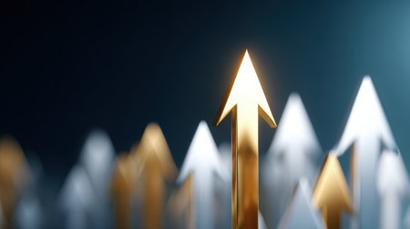 A shiny metallic gold arrow rises above matte white arrows, symbolizing leadership and innovation. Set against a dark blue blurred background with elegant studio lighting.の素材