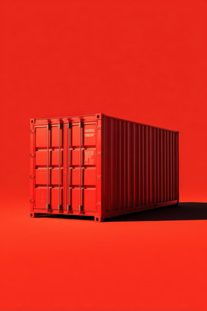 A simplified 3D model of a shipping container set against a solid red background. The clean shadow and minimal design make it ideal for modern design or commerce visuals.の素材