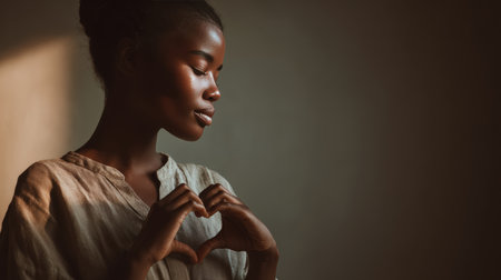 An African woman with dark skin wears a linen top, gently shaping a heart with her hands against a softly lit background. The image conveys emotional warmth and natural tones.の素材