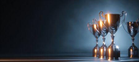 Horizontal banner showcasing a line of photorealistic trophies with one glowing brightest. Features shallow depth of field, metal reflections, and a gradient backdrop. No branding or text.の素材