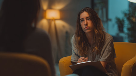 A female therapist takes notes during a counseling session with a thoughtful young woman. The cozy office interior and soft lighting create a calming, cinematic atmosphere.の素材