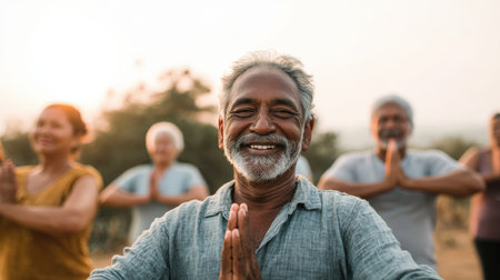 An elderly man with a joyful expression and grey mustache practices yoga with a group of seniors outdoors. The morning sun enhances the peaceful fitness mood in this cinematic scene.の素材