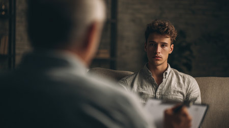 A European man with short hair sits attentively during a psychological counseling session. The therapist is blurred in the foreground, taking notes in a warm, cinematic setting.の素材