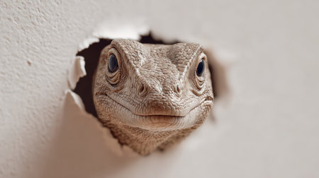 A monitor lizard's head emerges through a torn background, showcasing its textured skin and wide eyes. The minimalist design and soft natural light enhance the cinematic macro realism.の素材