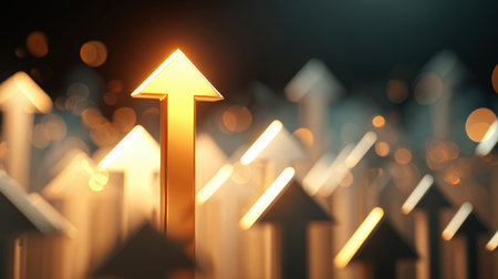 A golden 3D arrow points upward among white arrows, symbolizing growth and success. The image features a glowing bokeh background, cinematic lighting, and a futuristic digital style.の素材