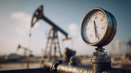 Ultra-realistic image of an oilfield pressure gauge on a black steel pipe, with a pumpjack silhouette in the background against a wide open sky, depicting a calm operational environment.の素材