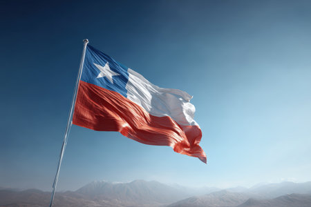 The Chilean flag ripples vibrantly against a clear sky, showcasing its blue, white, and red colors. The scene captures an airy, open atmosphere with cinematic realism.の素材