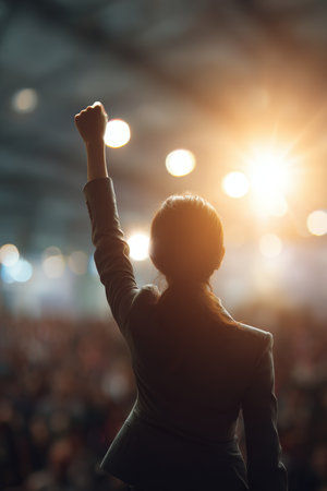A businesswoman raises her arm in triumph against a blurred conference background, symbolizing victory in market competition. The bright lighting enhances the photorealistic scene.の素材