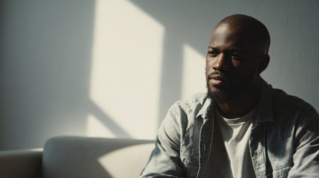 A man with a contemplative expression sits across from a therapist in a bright, minimalist room. The setting emphasizes a professional psychological environment, focusing on emotion.の素材