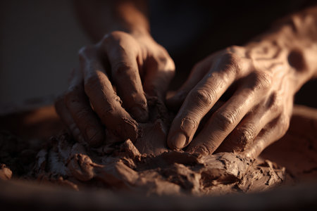 Photorealistic close-up of hands sculpting clay, highlighting texture details of clay and fingers. Captured in warm, soft lighting with a minimal background, showcasing artistic craftsmanship.の素材