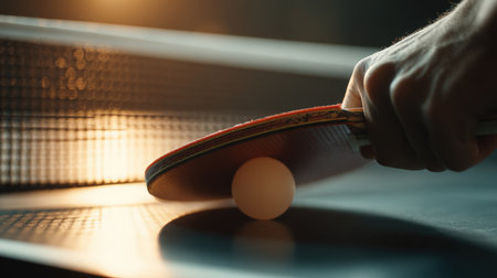 A hand grips a table tennis racket, poised to serve, with a ball ready on the table. The scene is set in glowing orange evening light, highlighting the paddle and net in cinematic realism.の素材