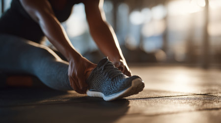 African American woman athlete stretches her leg in a gym, hand touching sneaker. Soft daylight and blurred background enhance the cinematic focus on her posture.の素材