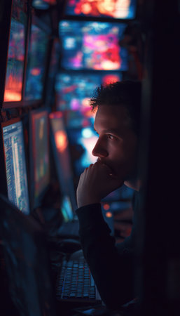 A programmer intensely concentrates in a dimly lit room, surrounded by glowing monitors. The photorealistic image captures a strong cinematic mood with vertical framing.の素材