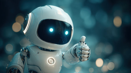 A cheerful service robot with glossy ceramic armor and circular LED eyes gives a thumbs up. Set in a glowing soft blue environment, this cinematic high-detail render exudes positivity.の素材