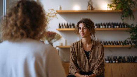 A therapist engages with a client in a private session within a minimalist studio office. The setting features wooden shelves and a calm atmosphere, captured with a cinematic shallow depth of field.の素材