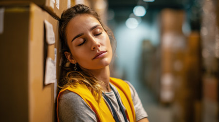 A female logistics employee leans against a stack of boxes with her eyes closed, capturing a moment of fatigue in a warehouse setting. The image features clean, light tones.の素材