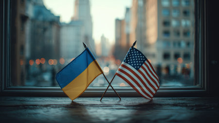 Compact Ukrainian and American flags slightly waving before a cityscape, viewed through a window. The scene conveys a peaceful diplomacy theme with an atmospheric cinematic glow.の素材