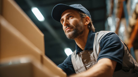 A dedicated male warehouse operator carefully stacks boxes, showcasing concentration and discipline. The soft, neutral lighting highlights his focused expression in a busy warehouse setting.の素材