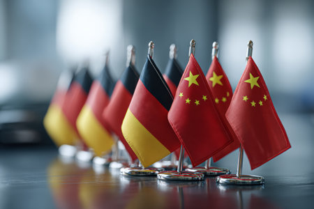 Glossy mini flags of Germany and China are displayed on a conference hall podium, creating a diplomatic and neutral atmosphere. The high-resolution image captures the flags' clean folds.の素材