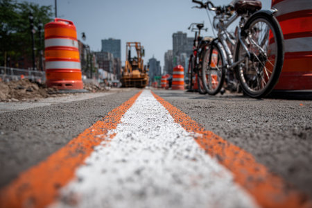 Street-level view of a bicycle lane under construction in an urban setting. Features fresh paint, traffic cones, and compacting equipment, highlighting city infrastructure development.の素材