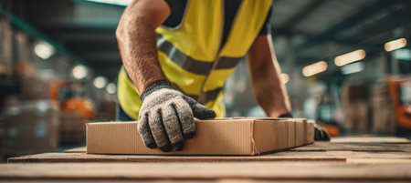 A male warehouse employee wearing a safety vest and gloves adjusts a box on a tilted pallet. The setting implies motion, highlighting the dynamic nature of warehouse operations.の素材