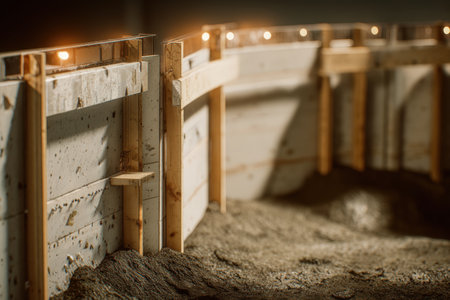 Detailed view of formwork installation for a concrete highway barrier, featuring steel ties and plywood panels. The image captures realistic lighting and industrial textures.の素材