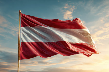 The Austrian flag with vivid red-white-red stripes flutters elegantly in the sunlight, set against a backdrop of soft cloud streaks, capturing a serene European outdoor scene.の素材