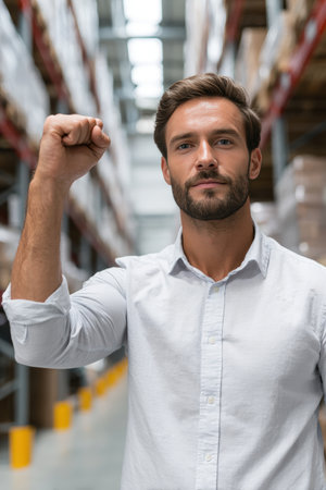 A logistician clenches his fist with pride after completing an inventory count. The clean shelves and crisp details make this image ideal for corporate and motivational visuals.の素材