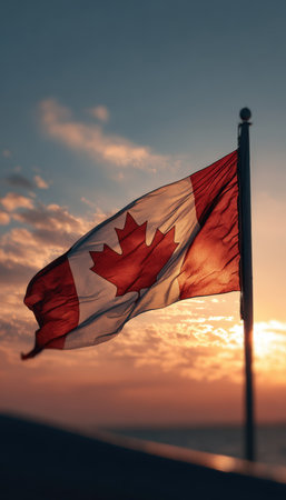 A Canadian flag gently waves against a tranquil sunset sky, showcasing a warm orange-blue gradient. The soft wind shapes the fabric, creating a poetic and serene atmosphere.の素材