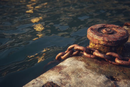 High-resolution close-up of a rusty mooring chain and bollard on a concrete dock. Sunlight and water ripples create a rich industrial texture, highlighting the weathered metal.の素材