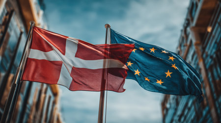 The EU and Denmark flags wave side by side against a Scandinavian sky, set against modern political architecture. The image captures the crisp red-white cross and blue-gold stars.の素材