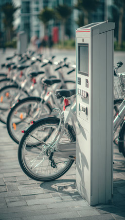 A clean urban bike-sharing station featuring fully docked modern bicycles and a solar-powered terminal with a touchscreen, captured in soft, natural light. Ideal for eco-friendly transport themes.の素材