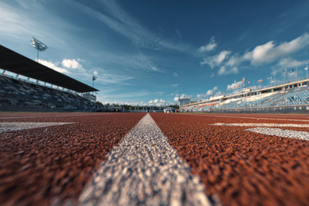 Wide-angle shot of athletics track lanes leading towards the horizon under a clear blue sky. Bleachers are visible in the background, creating a dynamic and expansive perspective.の素材