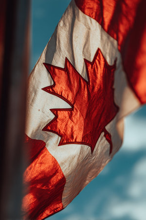 A close-up shot of the Canadian flag waving in the wind, with deep red sections glowing under sunlight. The vibrant blue sky fills the background, creating an uplifting atmosphere.の素材