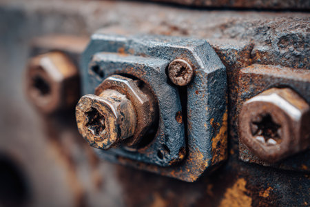 Close-up macro image of a container lock mechanism showcasing detailed metal textures, rust, and industrial wear. Captured in sharp clarity, highlighting the intricate design and aging.の素材