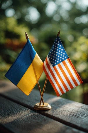 Radiant mini flags of Ukraine and USA are displayed outdoors on a terrace, capturing a warm, diplomatic tone. The flags' bright sheen contrasts beautifully with the lush greenery.の素材