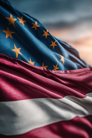The European Union and Latvia flags are shown waving together against a bright sky, symbolizing peaceful relations. The deep red-white-red tones of the Latvian flag stand out in this vertical capture.の素材